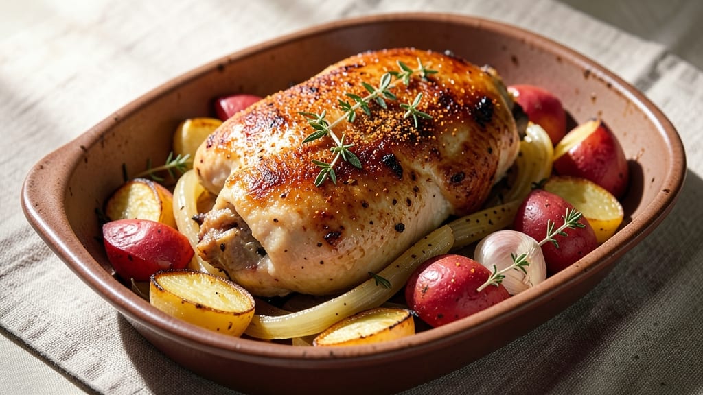 Baked Chicken With Potatoes and Onions Recipe: One-Pan Golden Crust Harmony