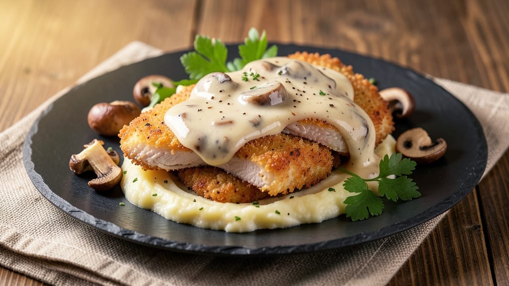 Chicken Schnitzel With Mushroom Cream Sauce Recipe: Crispy Gold Crunch Over Velvety Mushroom Sauce